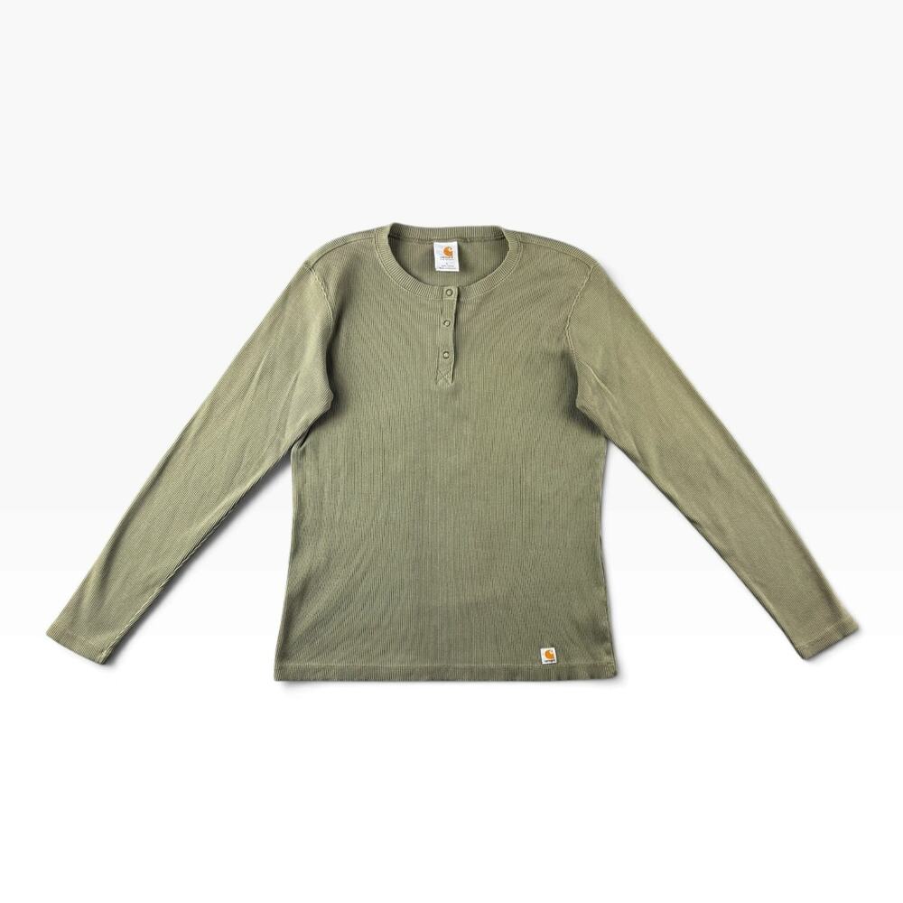Carhartt Shirt Womens Large Green Henley Long Sleeve Thermal Cotton Top Workwear